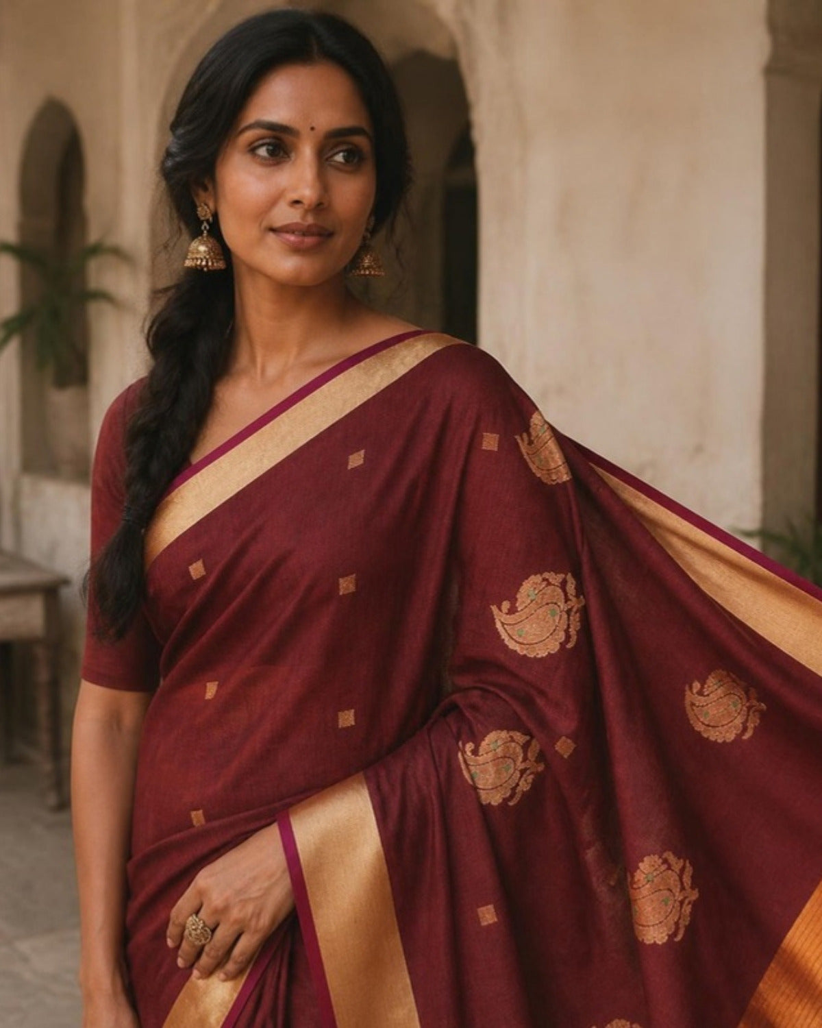 Styled image: Kattha Chanderi Silk & Cotton Saree with Meena Butis, pallu view