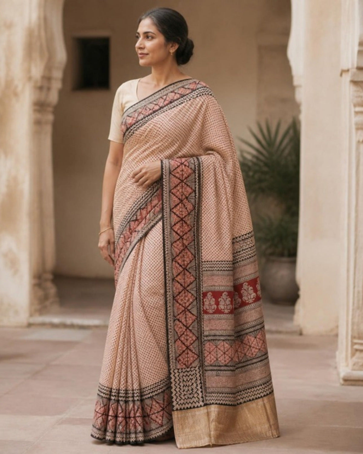 Styled image: model wearing the Shyam Bagh Print Silk & Cotton Saree