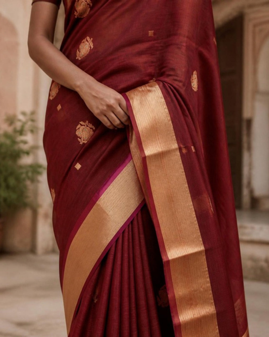 Styled image: Kattha Chanderi Silk & Cotton Saree with Meena Butis, border and pleats