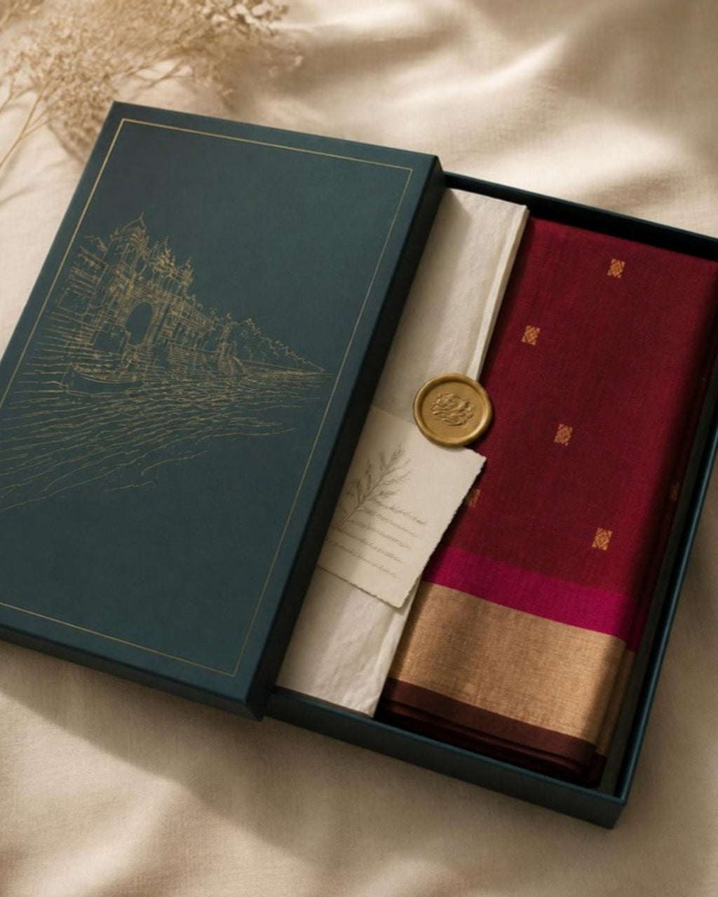 Packed in the Saptadhārā Narmada Edit box: Kattha Chanderi Silk & Cotton Saree with Meena Butis
