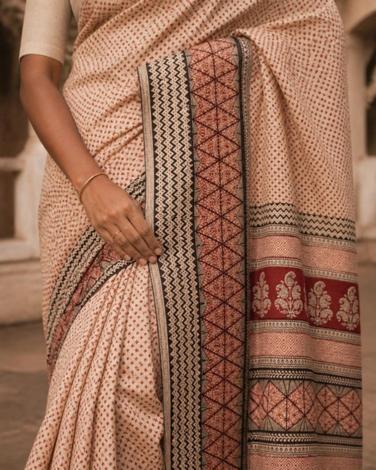 Styled image: Shyam Bagh Print Silk & Cotton Saree, border and pleats