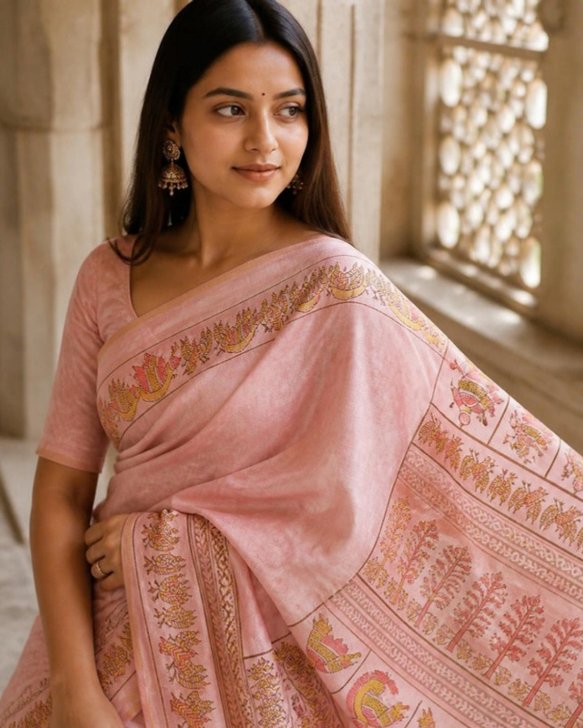 Styled image: Gulabi Gond Art Saree with Gond Motifs, pallu view