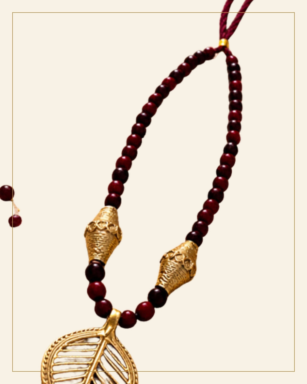 Handcrafted Bhareva Bell Metal Leaf Pendant Necklace Set — Saptadhārā detail