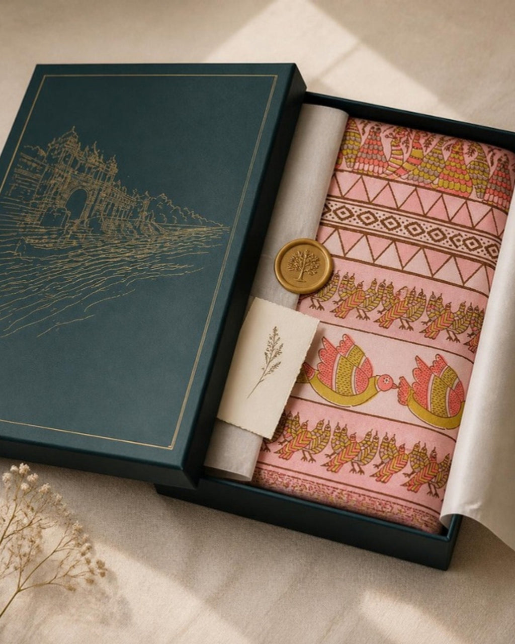 Packed in the Saptadhārā Narmada Edit box: Gulabi Gond Art Saree with Gond Motifs