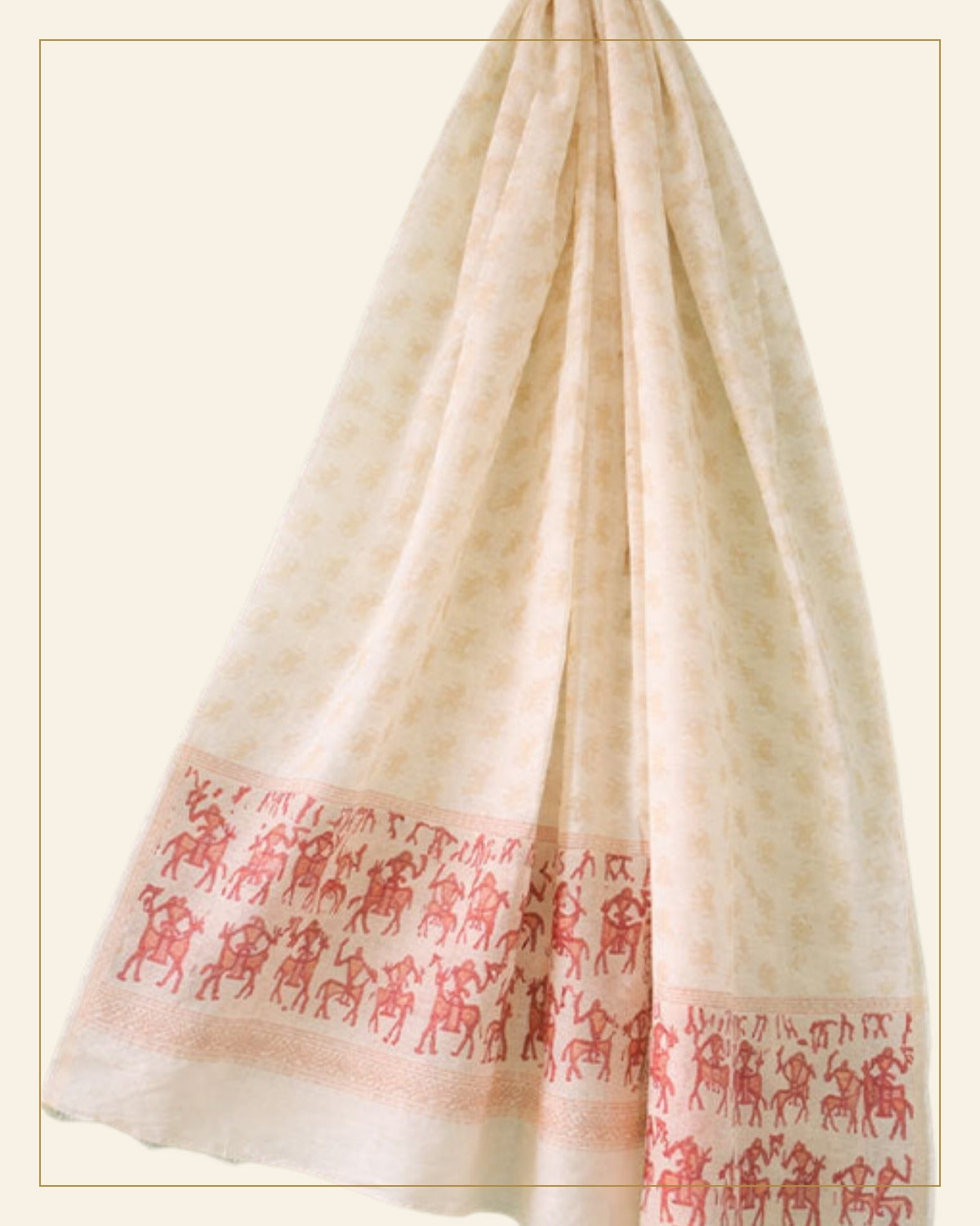 Block Printed Chanderi Stole – Warli Tribal Art Motif — Saptadhārā detail