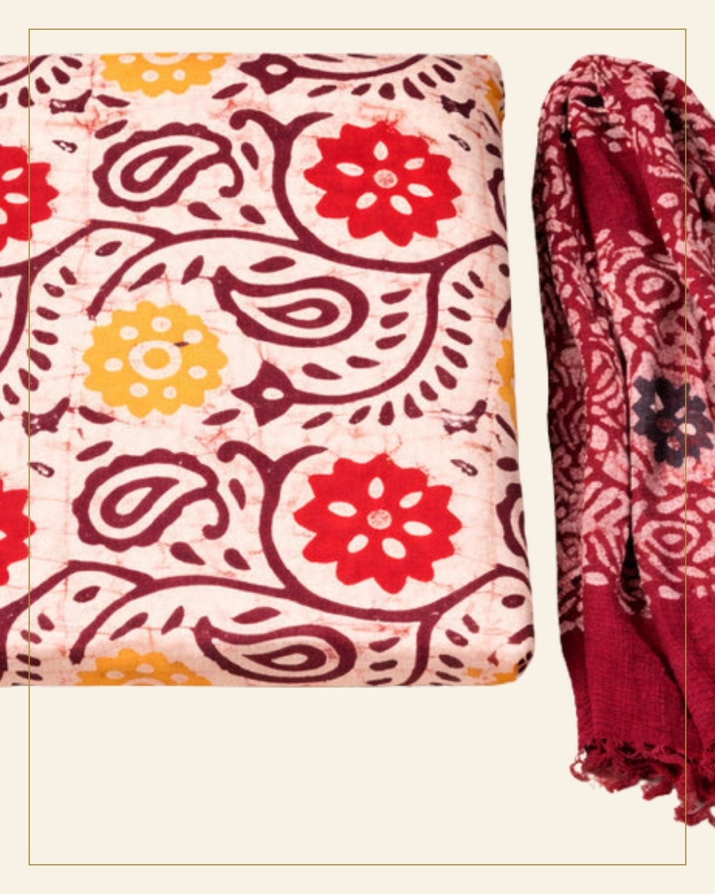 Handcrafted Batik Print Unstitched 3-Piece Suit Set — Saptadhārā detail