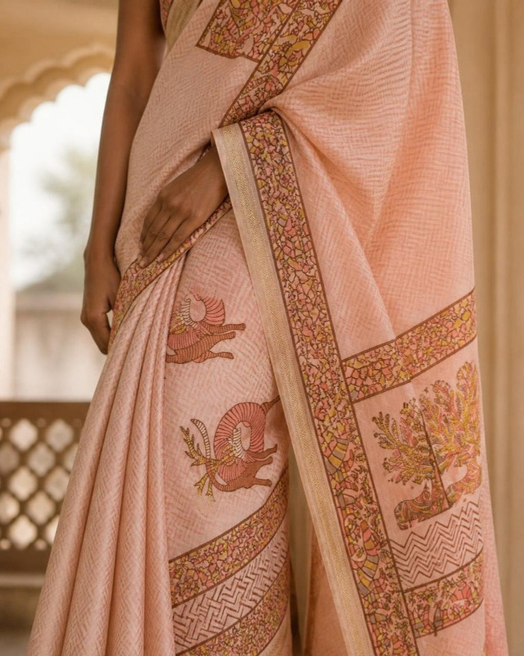Styled image: Gulabi Gond Art Saree with Gond Motifs, border and pleats