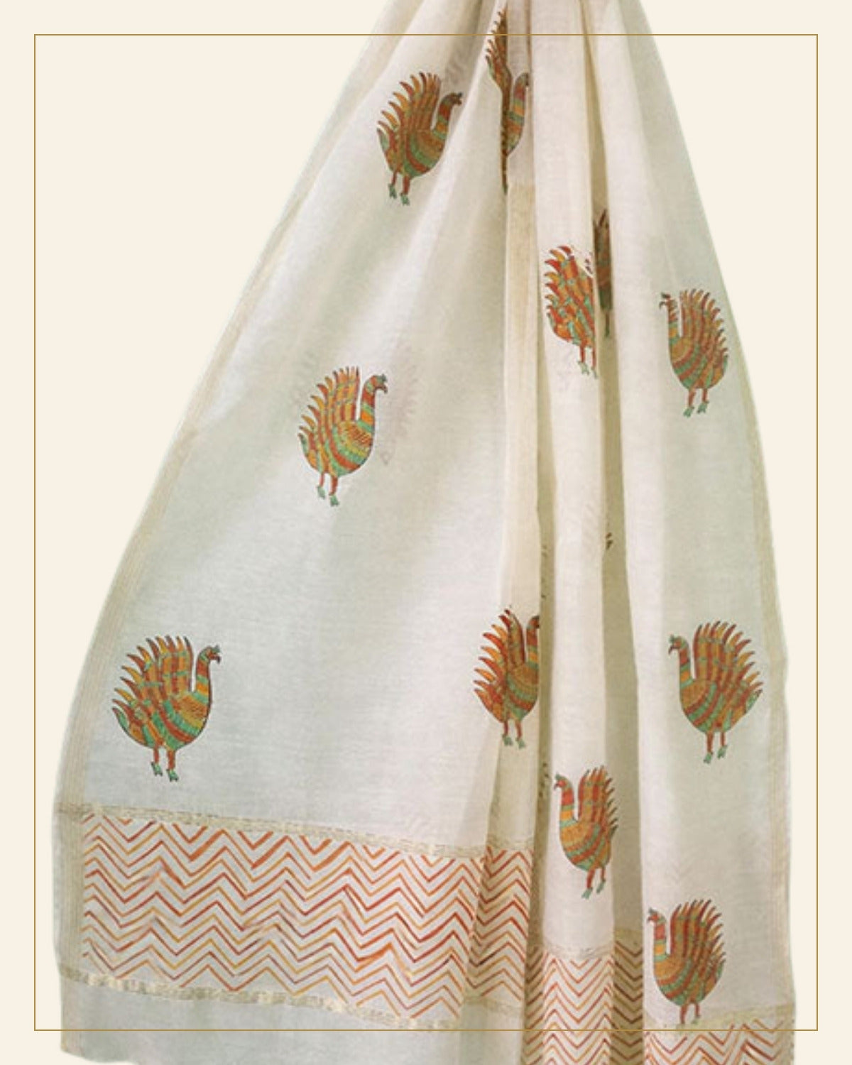 Block Printed Chanderi Stole – Tribal Bird Motif — Saptadhārā detail