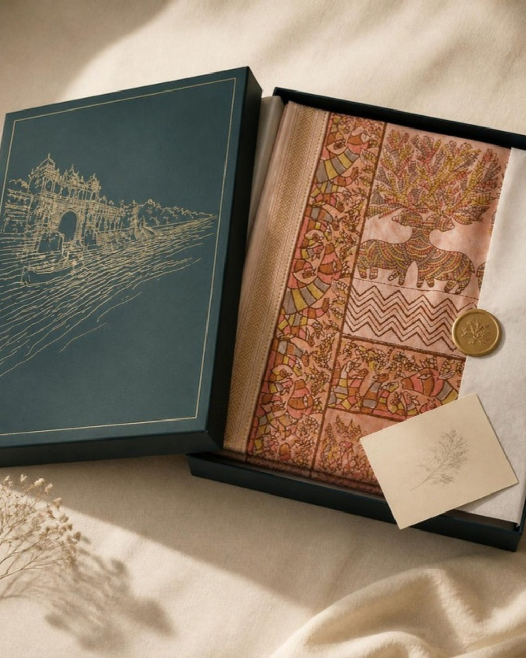 Packed in the Saptadhārā Narmada Edit box: Gulabi Gond Art Saree with Gond Motifs