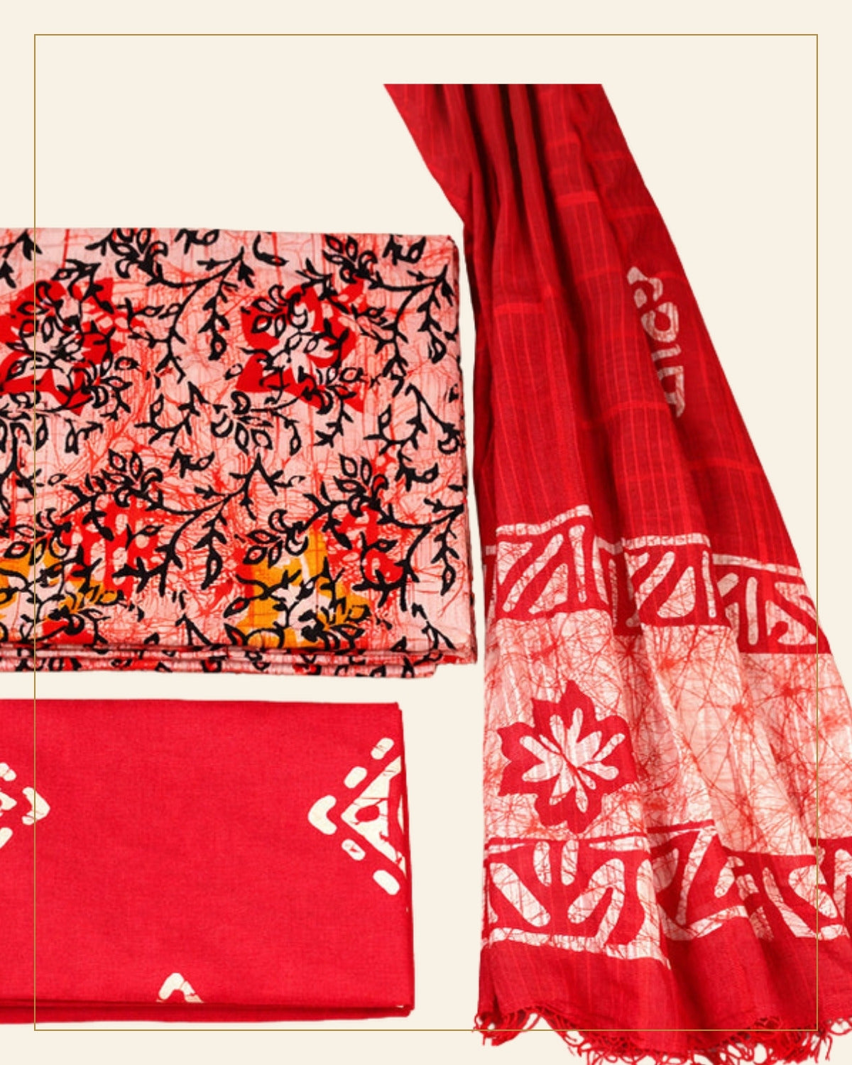 Handcrafted Batik Print Unstitched 3-Piece Suit Set — Saptadhārā detail