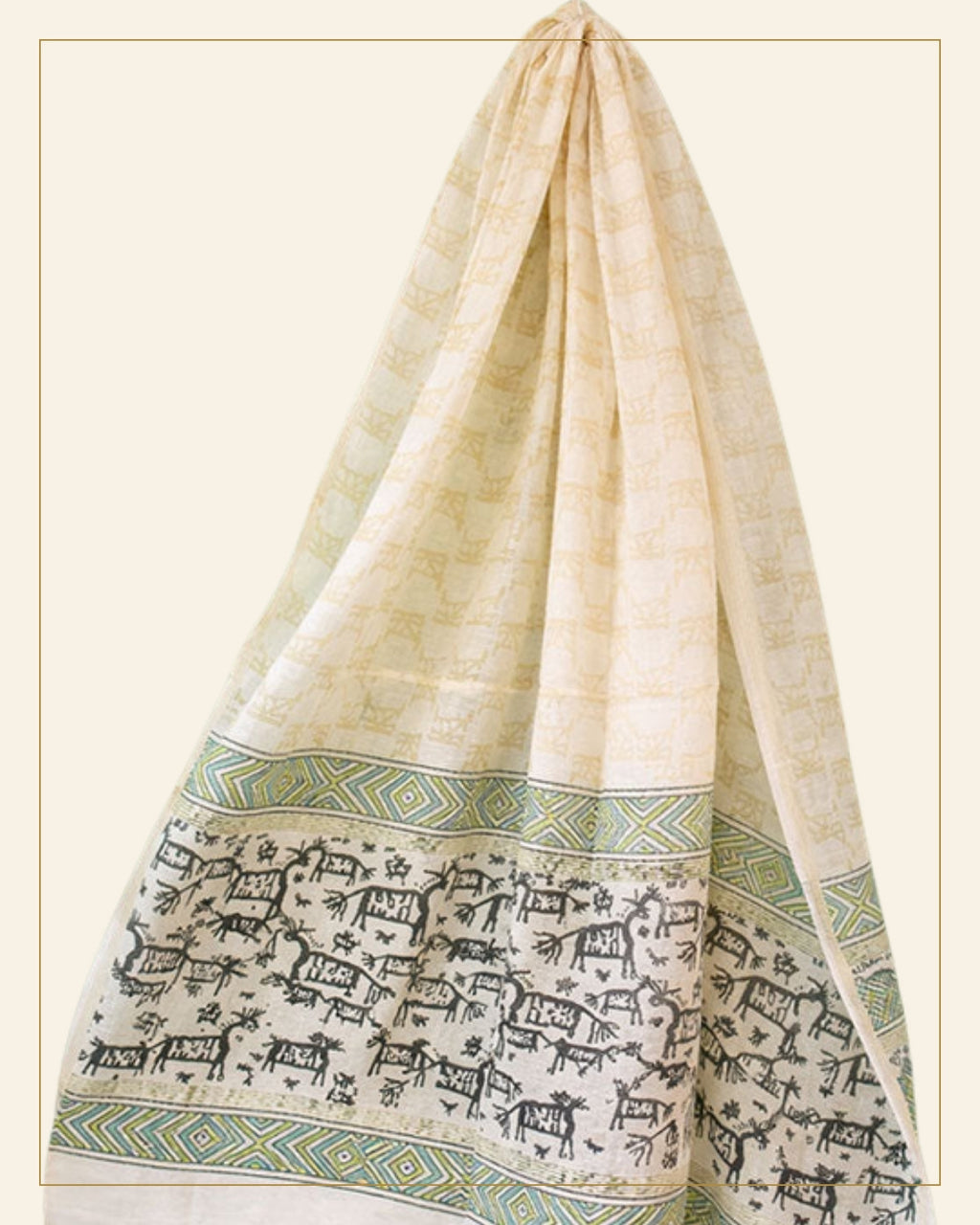 Block Printed Chanderi Stole – Gond Tribal Art Motif — Saptadhārā detail