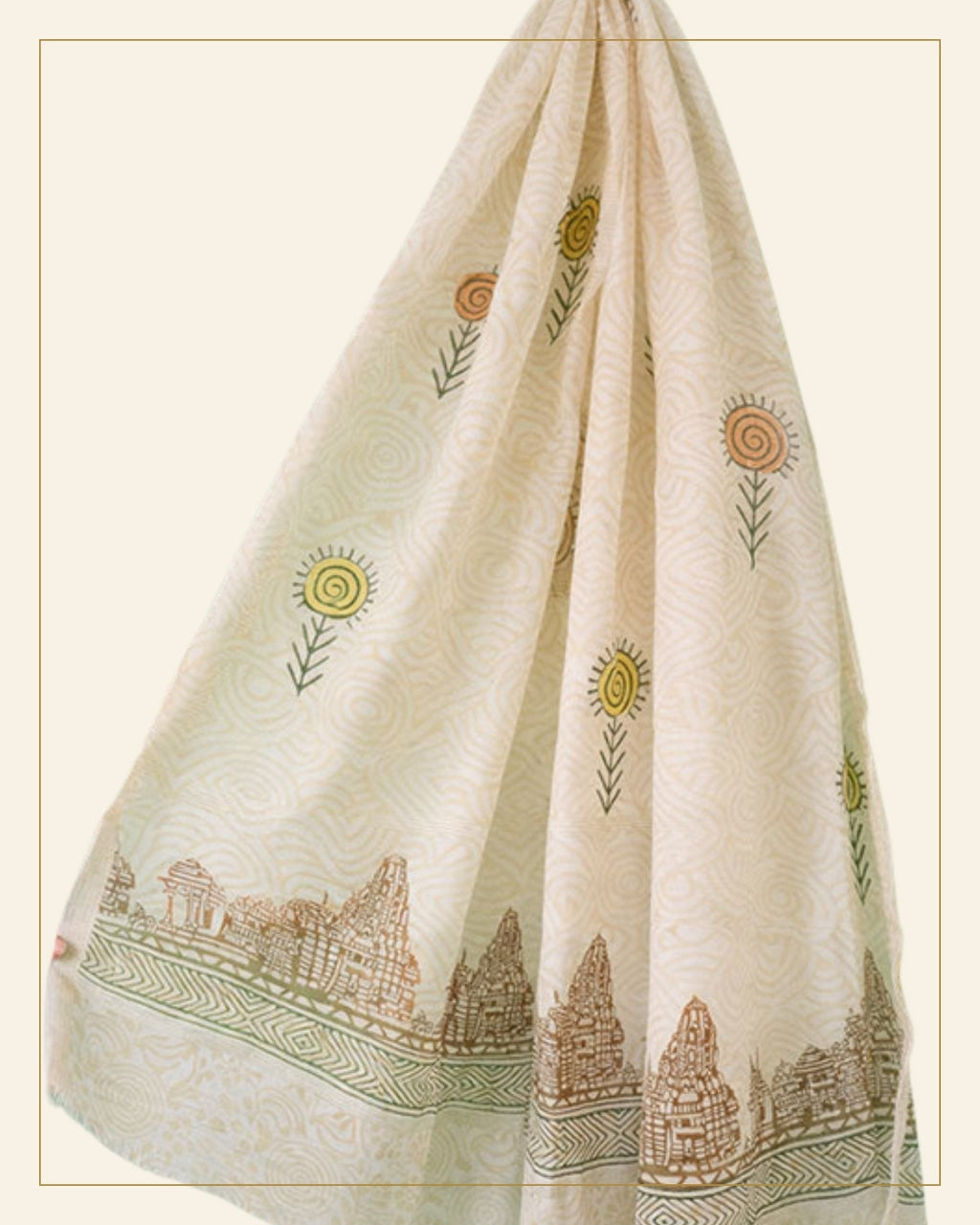 Block Printed Chanderi Stole – Heritage Temple Motif — Saptadhārā detail