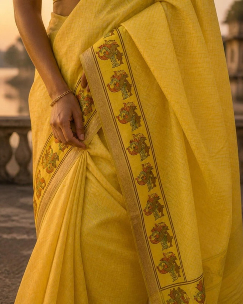 Styled image: Haldi Gond Art Saree with Gond Motifs, border and pleats