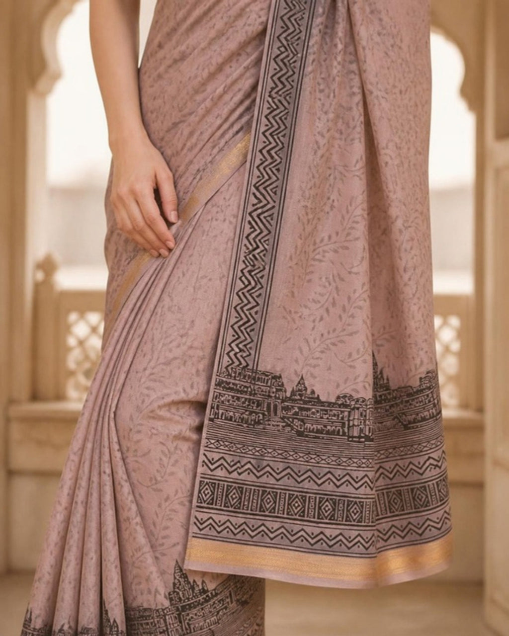 Styled image: Dhuan Hand Block Print Saree, border and pleats