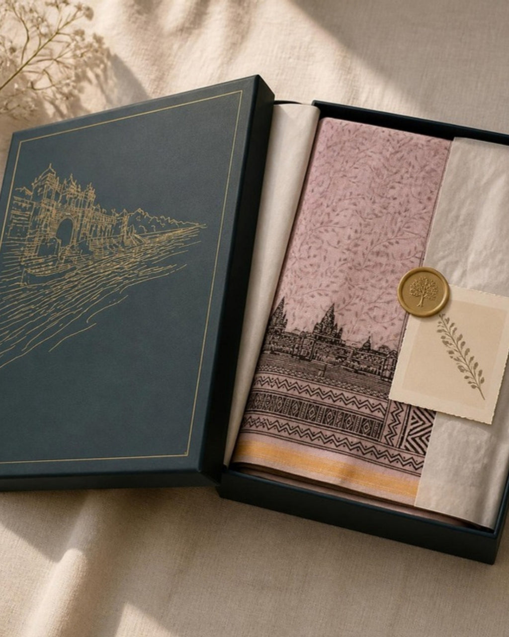 Packed in the Saptadhārā Narmada Edit box: Dhuan Hand Block Print Saree