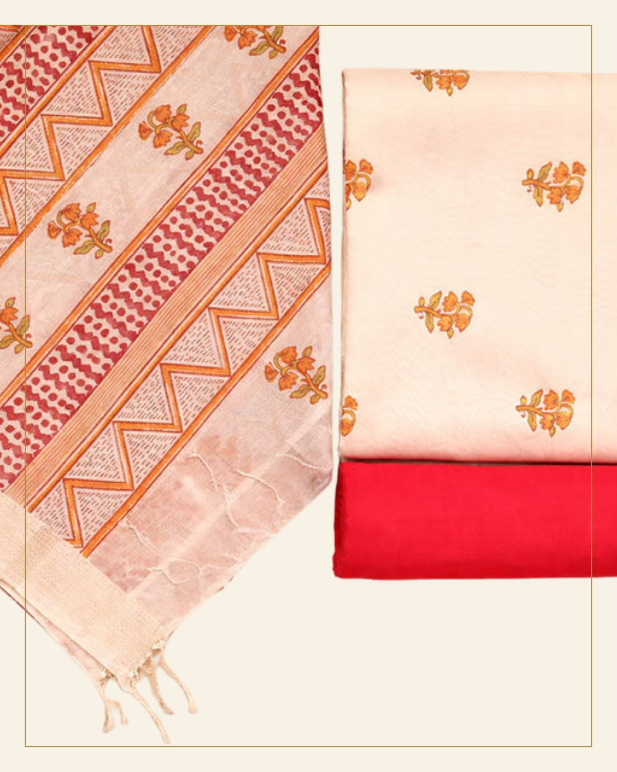 Block Print Neck Design Maheshwari Unstitched Suit Set – Traditional Buta Motif (3 Piece) — Saptadhārā detail