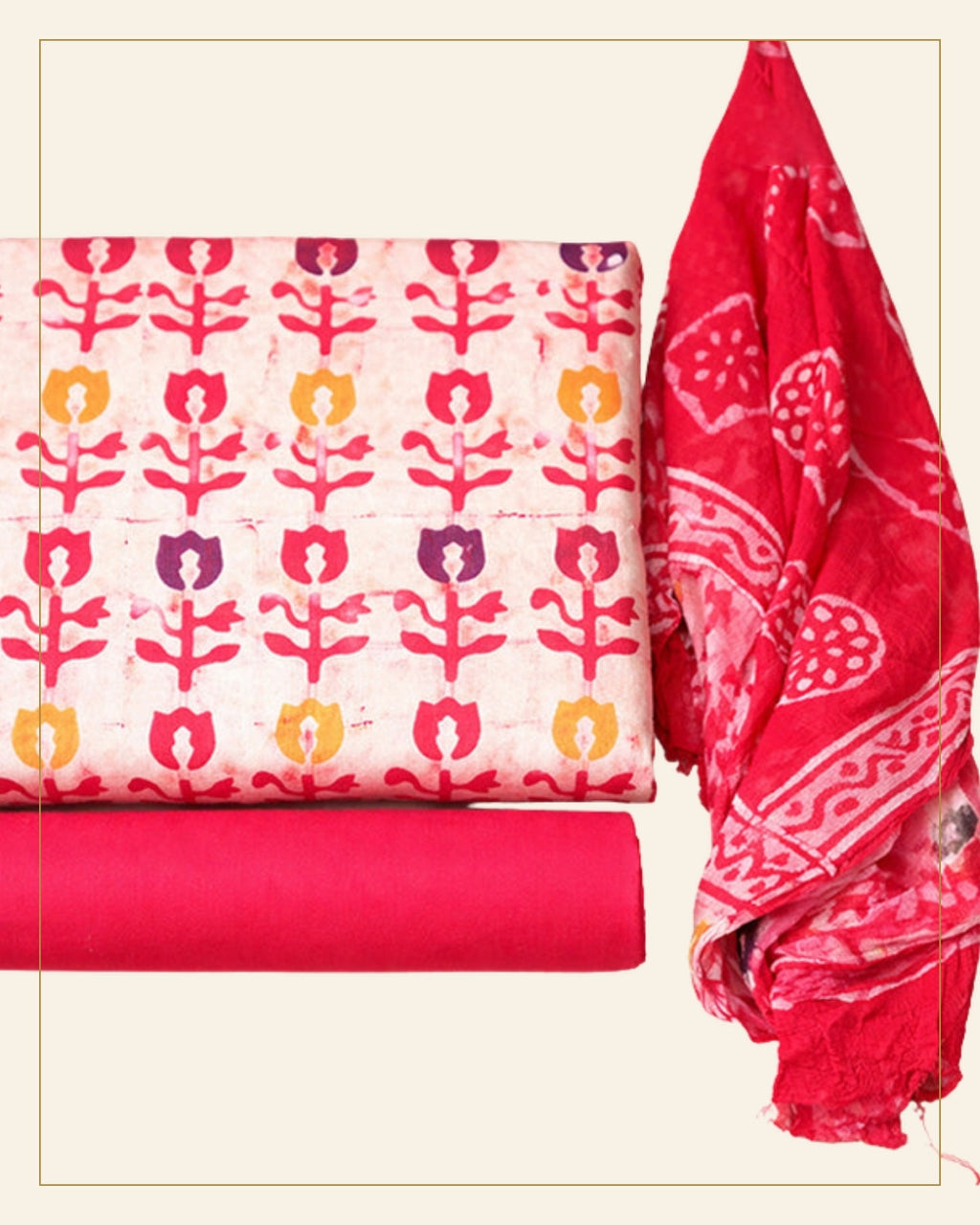 Handcrafted Batik Print Unstitched 3-Piece Suit Set — Saptadhārā detail