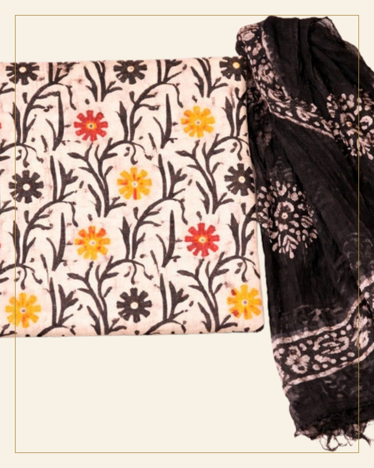 Handcrafted Batik Print Unstitched 3-Piece Suit Set — Saptadhārā detail