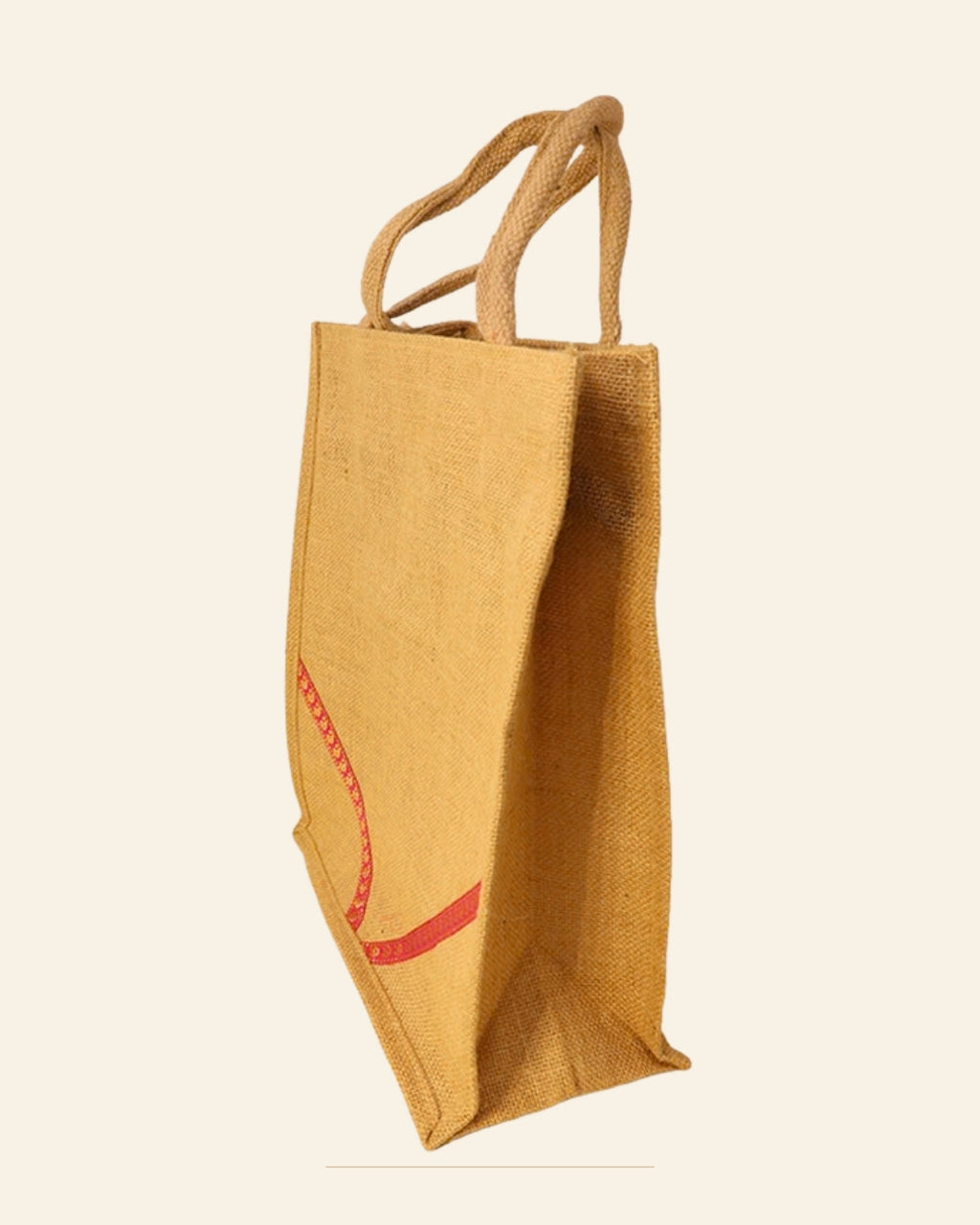 Handcrafted Natural Jute Tote Bag – Red Geometric Pattern — Saptadhārā studio