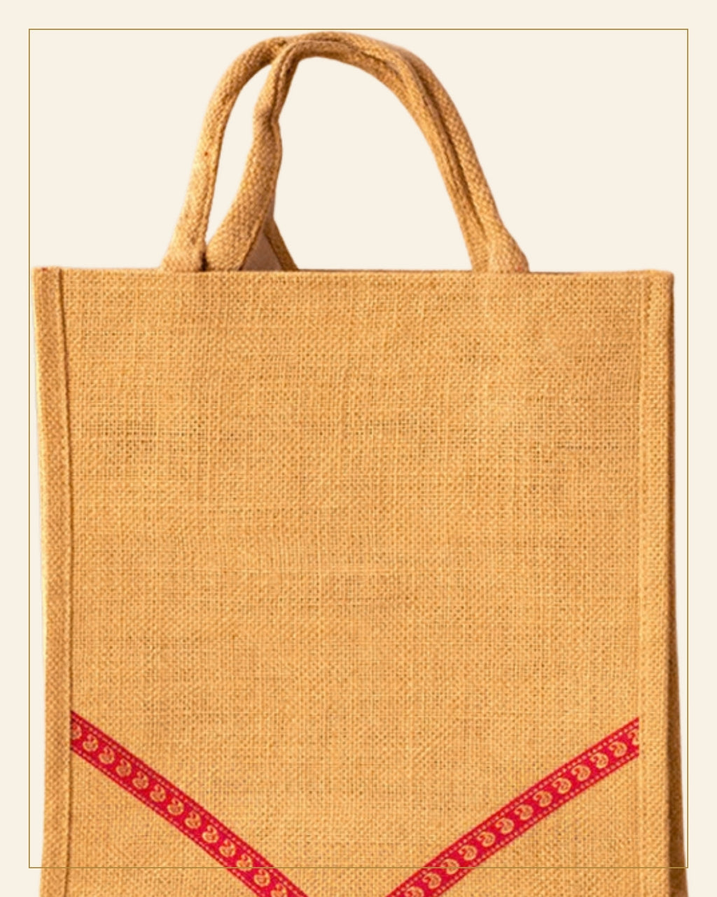 Handcrafted Natural Jute Tote Bag – Red Geometric Pattern — Saptadhārā detail
