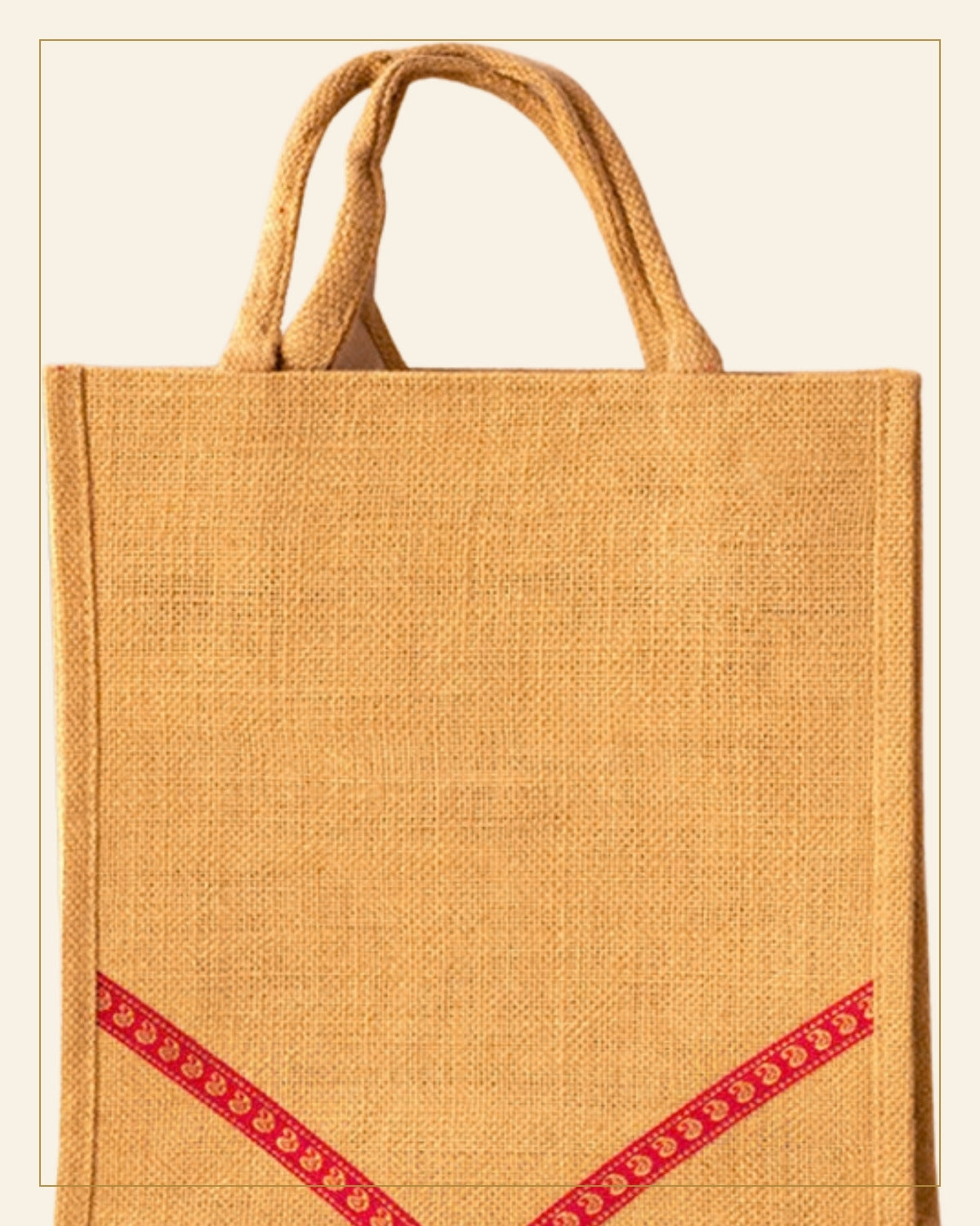Handcrafted Natural Jute Tote Bag – Red Geometric Pattern — Saptadhārā detail