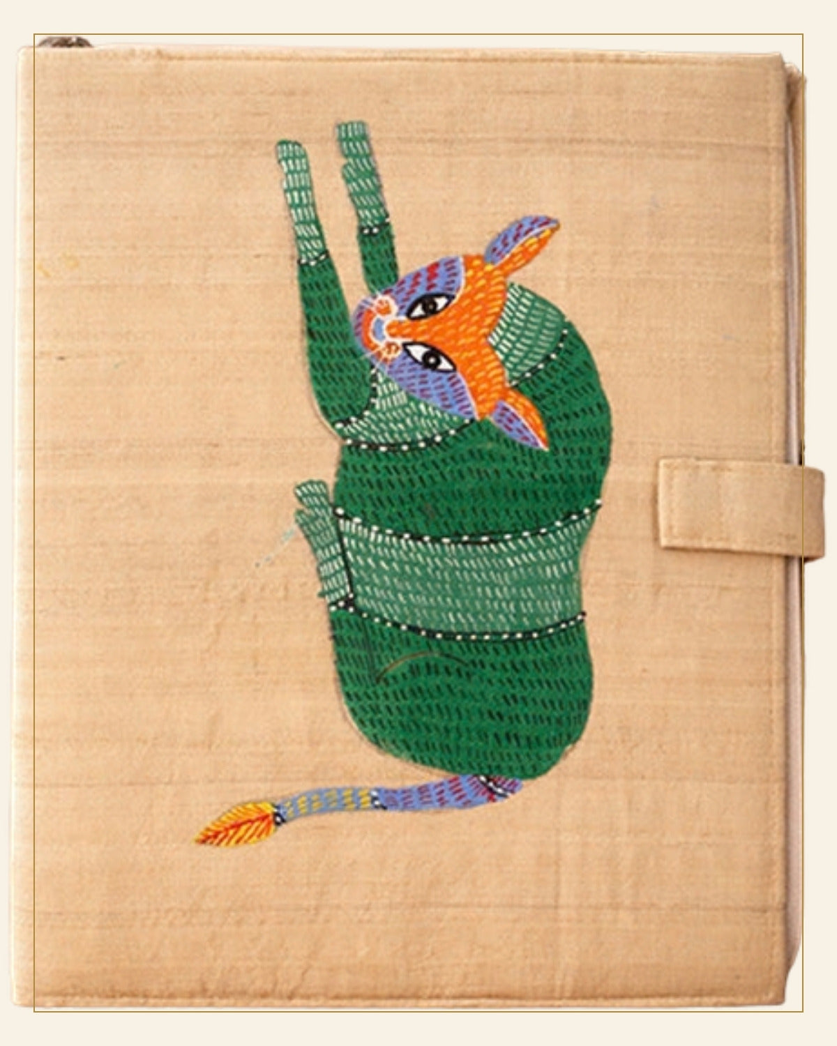 Handcrafted Folk Gond Art Fabric File Foder –  Colorful Tiger Motif — Saptadhārā detail