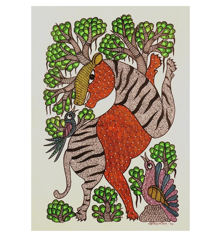 Handcrafted Gond Tiger Painting | Traditional Tribal Folk Art