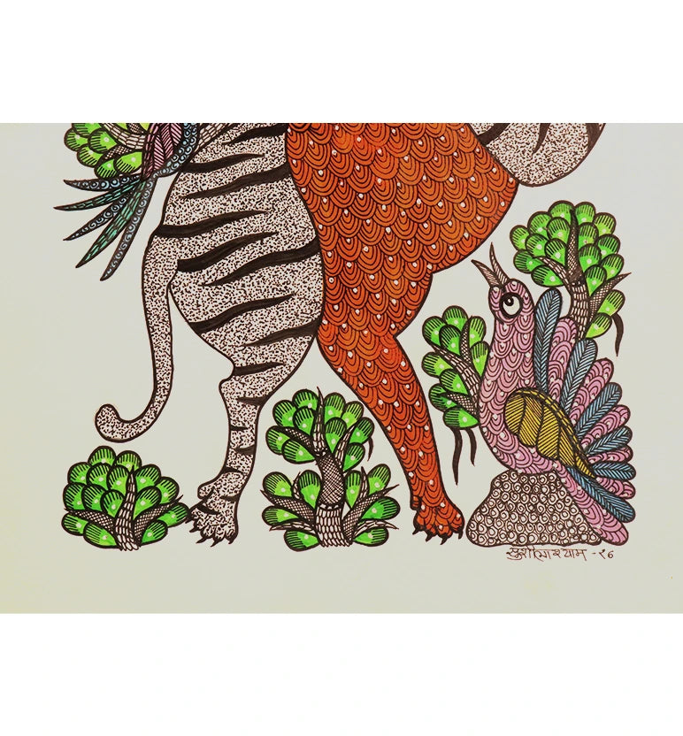 Handcrafted Gond Tiger Painting | Traditional Tribal Folk Art