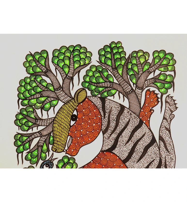 Handcrafted Gond Tiger Painting | Traditional Tribal Folk Art