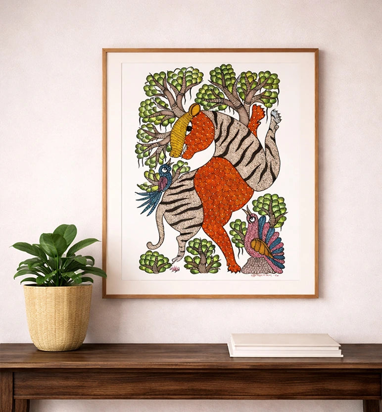 Handcrafted Gond Tiger Painting | Traditional Tribal Folk Art