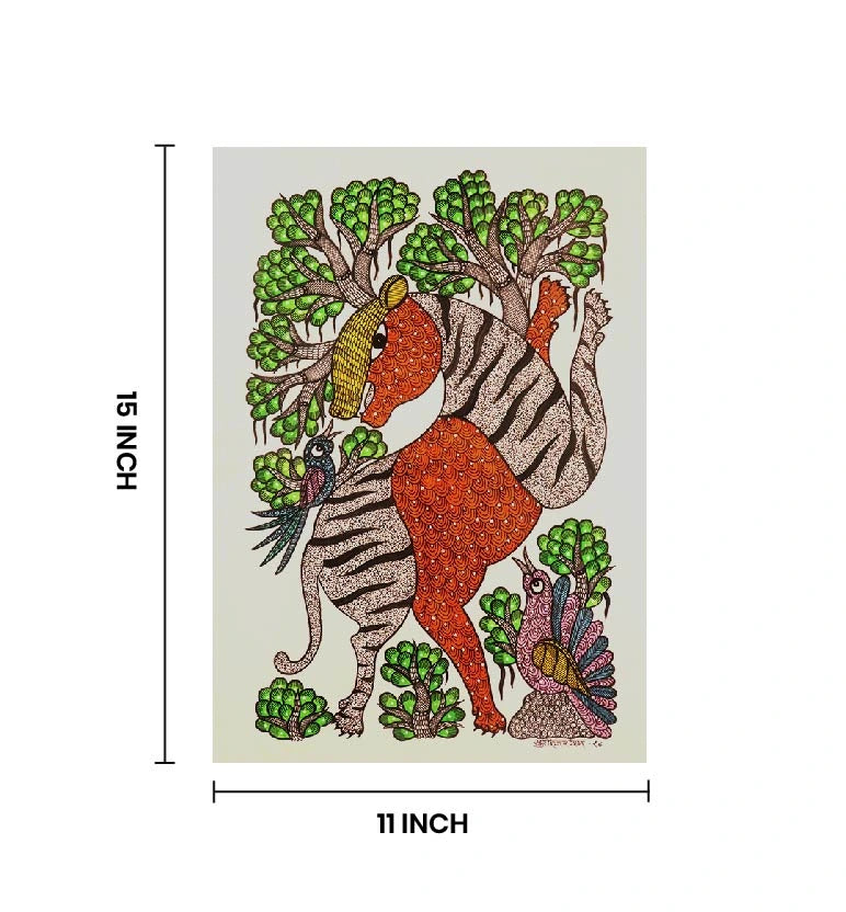 Handcrafted Gond Tiger Painting | Traditional Tribal Folk Art