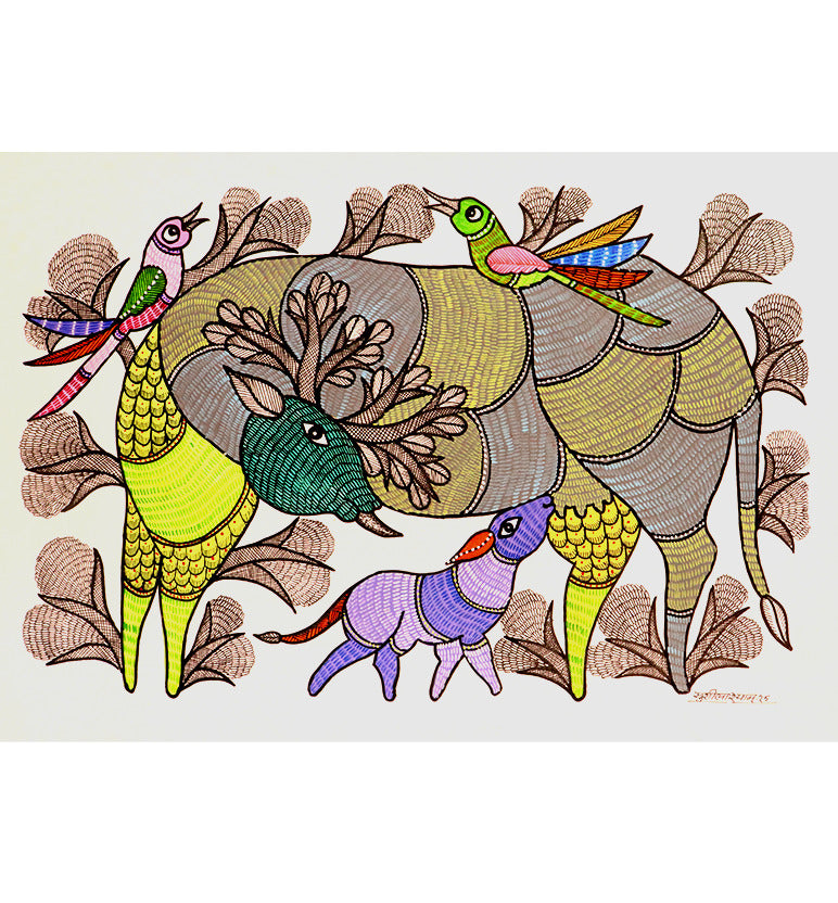 Handcrafted Gond Deer Family Painting | Traditional Tribal Art
