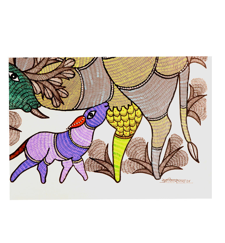 Handcrafted Gond Deer Family Painting | Traditional Tribal Art