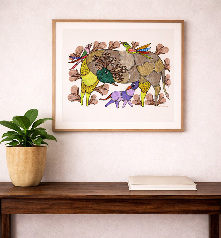 Handcrafted Gond Deer Family Painting | Traditional Tribal Art