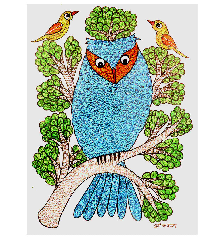 Handcrafted Gond Sea Blue Owl Painting with Birds & Tree | Traditional Tribal Folk Art of Madhya Pradesh