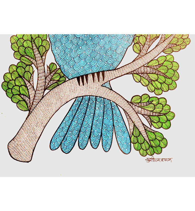 Handcrafted Gond Sea Blue Owl Painting with Birds & Tree | Traditional Tribal Folk Art of Madhya Pradesh