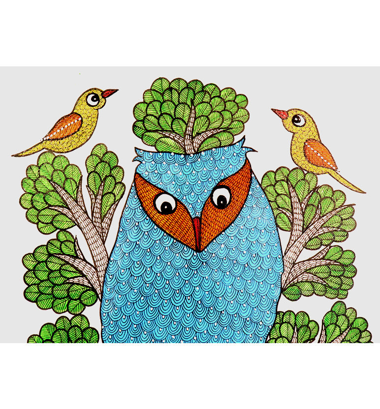 Handcrafted Gond Sea Blue Owl Painting with Birds & Tree | Traditional Tribal Folk Art of Madhya Pradesh