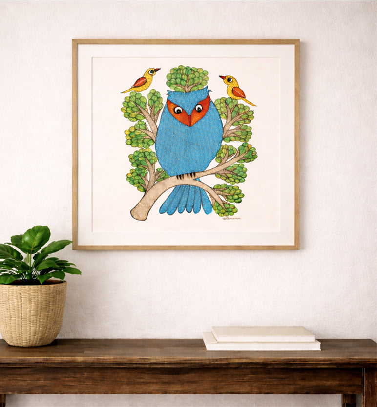Handcrafted Gond Sea Blue Owl Painting with Birds & Tree | Traditional Tribal Folk Art of Madhya Pradesh