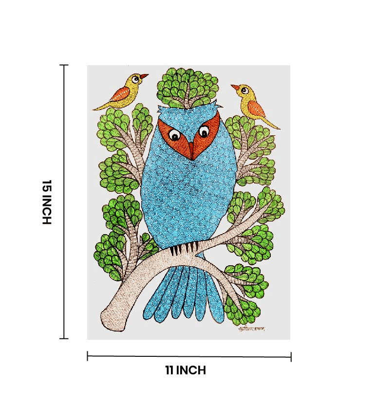 Handcrafted Gond Sea Blue Owl Painting with Birds & Tree | Traditional Tribal Folk Art of Madhya Pradesh