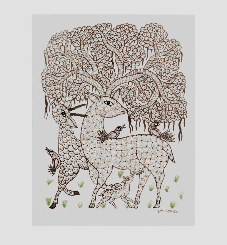 Handcrafted Gond Deer Family with Tree Painting | Traditional Tribal Folk Art of Madhya Pradesh