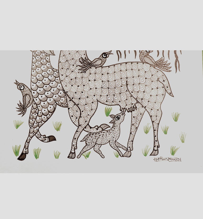 Handcrafted Gond Deer Family with Tree Painting | Traditional Tribal Folk Art of Madhya Pradesh