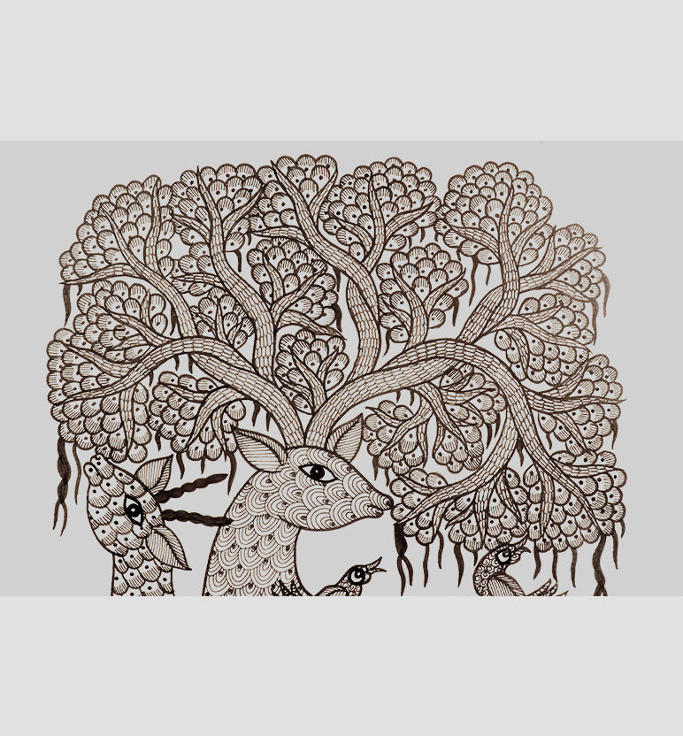 Handcrafted Gond Deer Family with Tree Painting | Traditional Tribal Folk Art of Madhya Pradesh