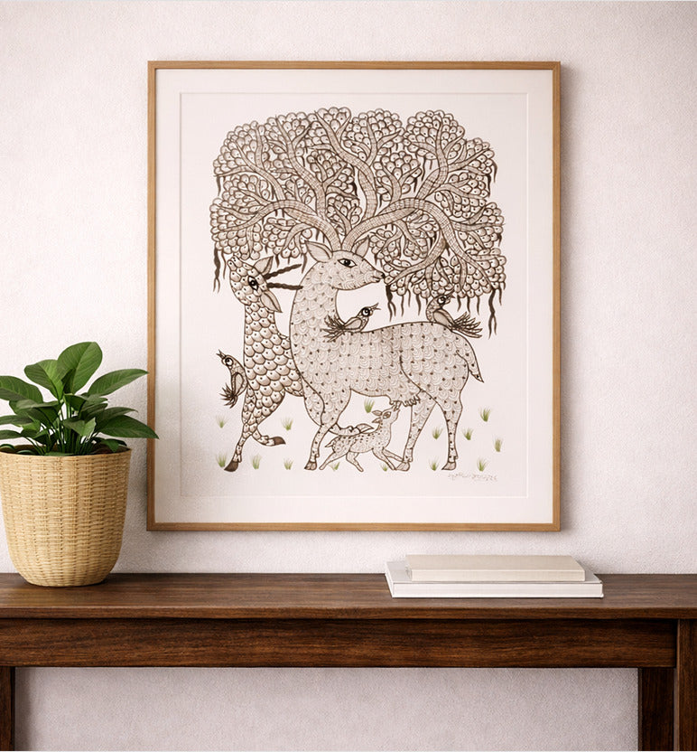 Handcrafted Gond Deer Family with Tree Painting | Traditional Tribal Folk Art of Madhya Pradesh