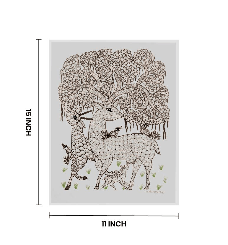 Handcrafted Gond Deer Family with Tree Painting | Traditional Tribal Folk Art of Madhya Pradesh