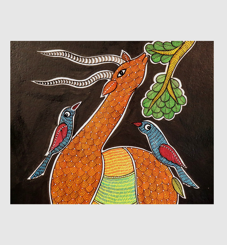 Handcrafted Gond Antelope with Birds Painting | Traditional Tribal Folk Art of Madhya Pradesh