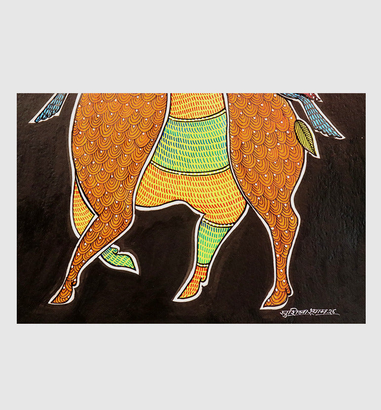 Handcrafted Gond Antelope with Birds Painting | Traditional Tribal Folk Art of Madhya Pradesh