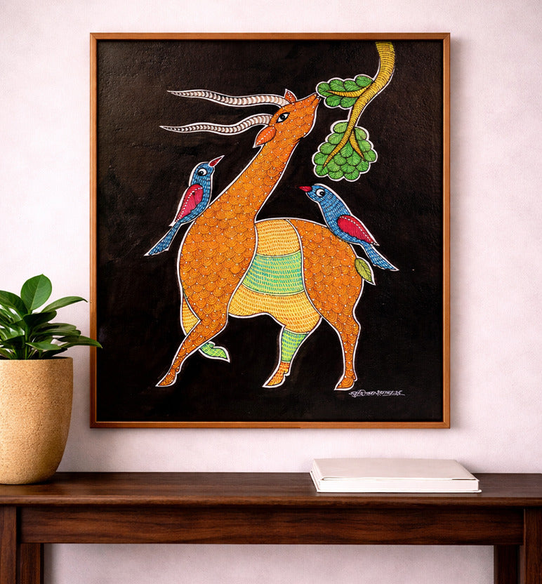 Handcrafted Gond Antelope with Birds Painting | Traditional Tribal Folk Art of Madhya Pradesh