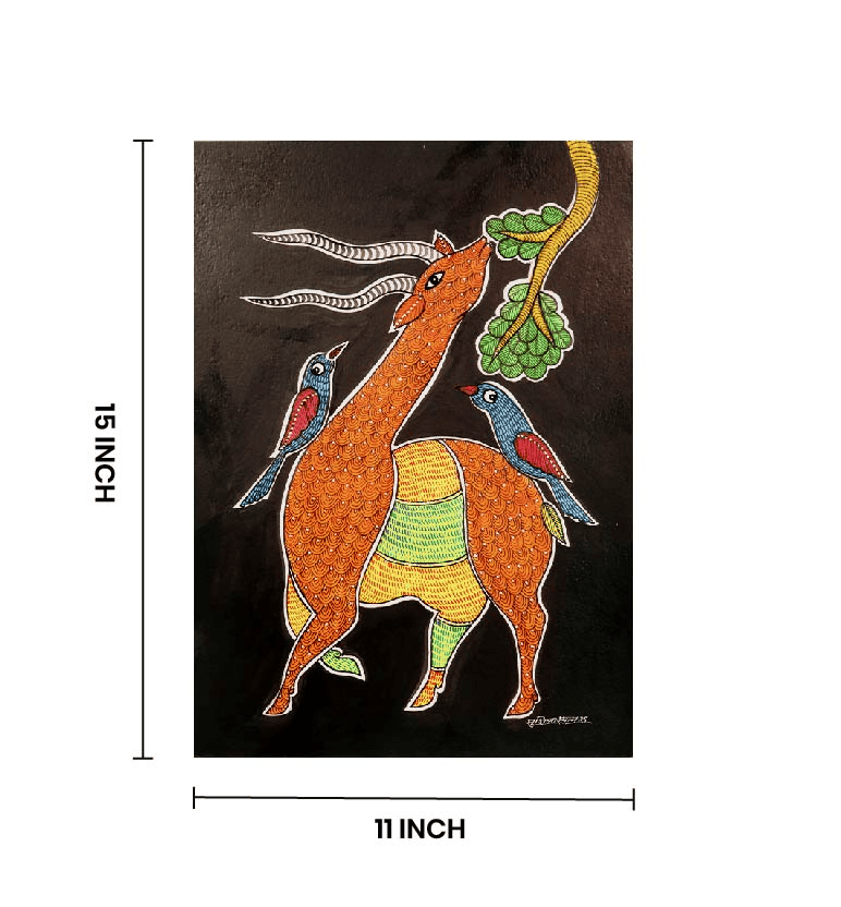 Handcrafted Gond Antelope with Birds Painting | Traditional Tribal Folk Art of Madhya Pradesh