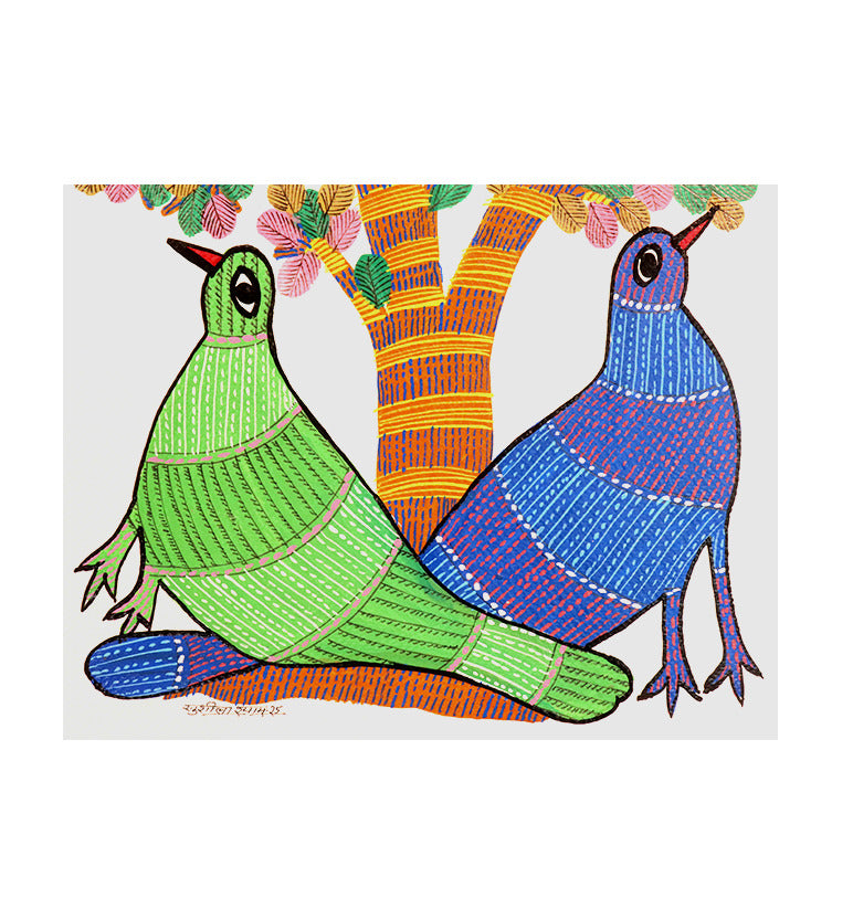 Handcrafted Gond Tree with Birds Painting – Tribal Folk Art