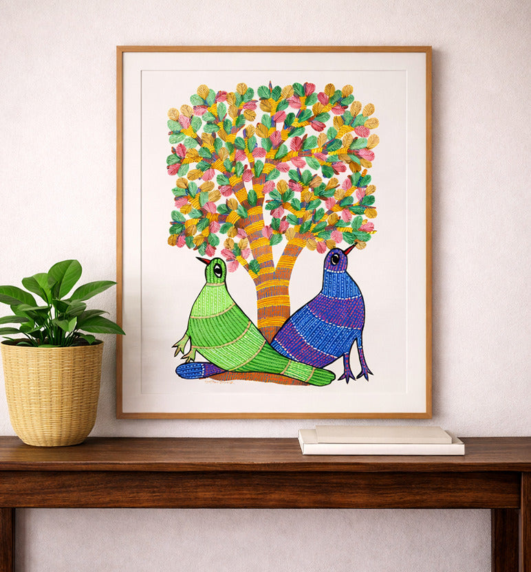 Handcrafted Gond Tree with Birds Painting – Tribal Folk Art